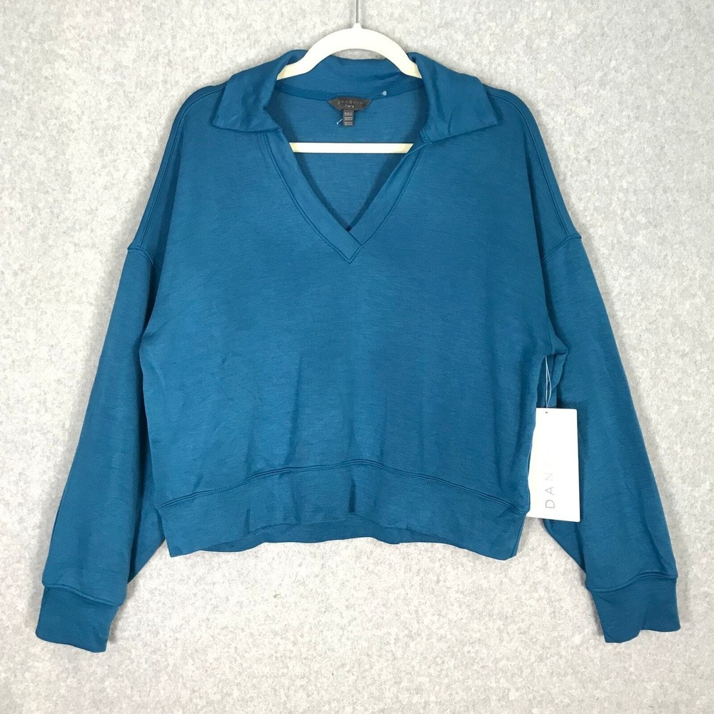 Danskin Polo Sweatshirt Large Teal Sporty Preppy Lounge Comfy Cozy Soft Pullover